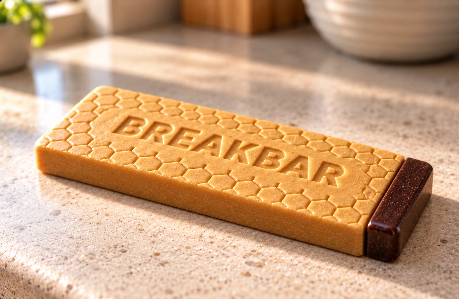 An unwrapped honey-gold Breakbar on a stone counter. The long honey section is marked 1 and the small dark espresso tab on the end is marked 2.