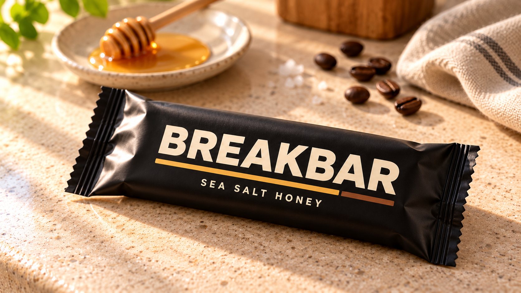 A wrapped Breakbar in a black Sea Salt Honey wrapper on a stone counter, with honey, sea salt and coffee beans behind it